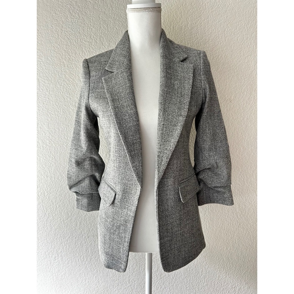 H&M Womens Grey Textured Scrunched Sleeve Blazer Jacket Open Front Professional